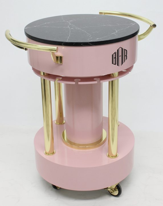 Champagne cart in blush lacquer with brass columns