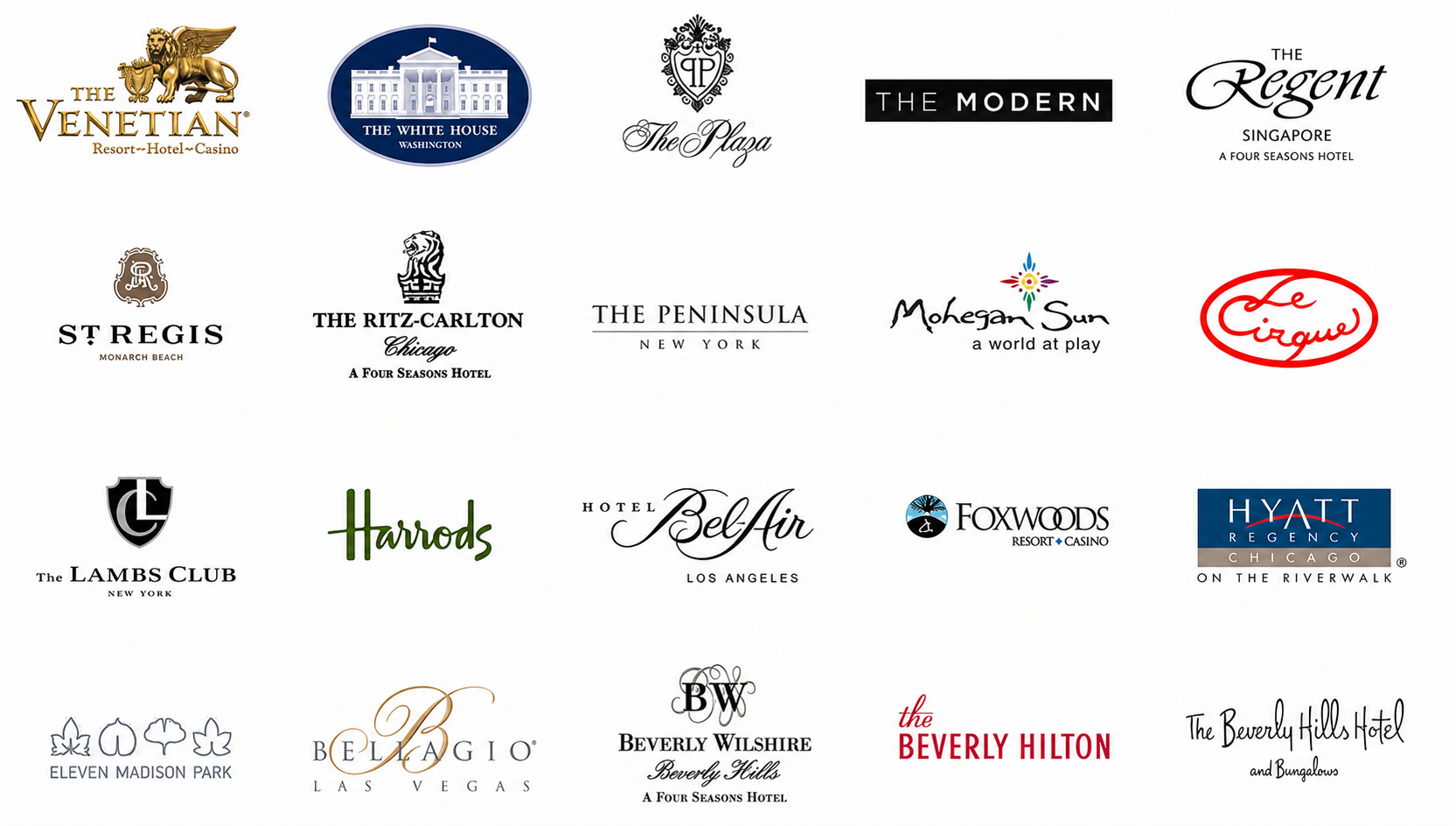 Client logos: The Venetian, The White House, The Plaza, The Modern, The Regent Singapore, St. Regis, The Ritz-Carlton, The Peninsula, Mohegan Sun, Le Cirque, The Lambs Club, Harrods, Hotel Bel-Air, Foxwoods, Hyatt Regency, Eleven Madison Park, Bellagio, Beverly Wilshire, The Beverly Hilton, The Beverly Hills Hotel