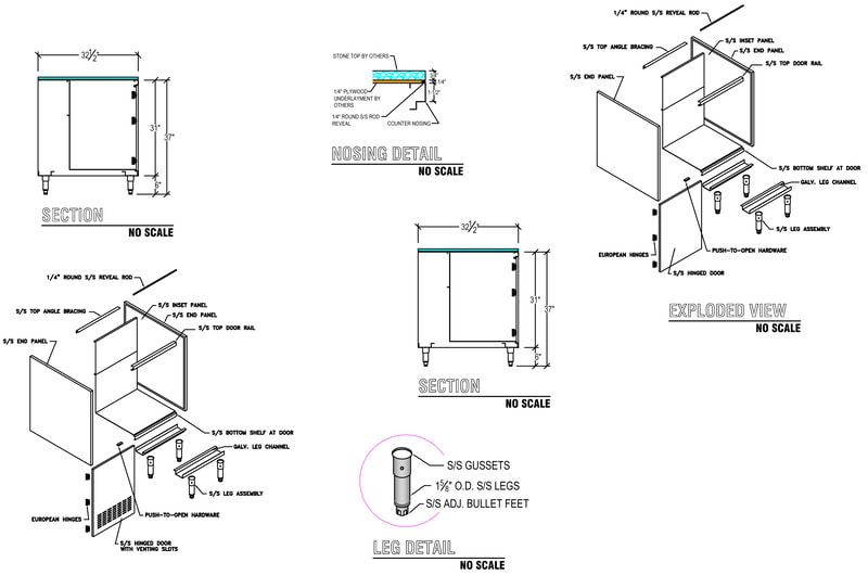 Back counter, exploded views and details