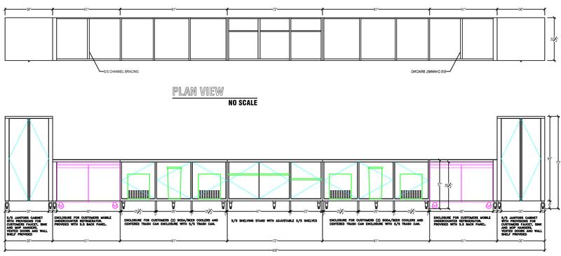 Coffee counter, dimensioned drawings